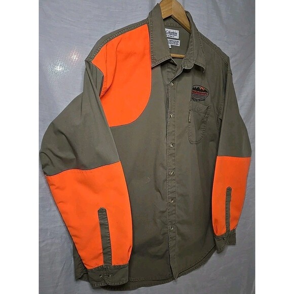 COLUMBIA Shooting Hunting Khaki Bright Hi-Vis ORANGE Button Down Shirt Men L - Picture 2 of 8